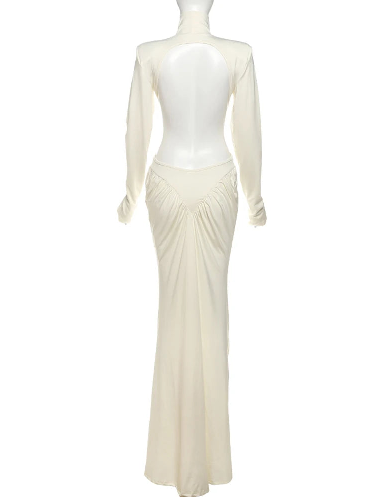 Weird Puss Backless Maxi Dress Women Shoulder Pads Long Sleeve Waistless Peach Buttocks Ruched Elegant Banquet Skinny Vestidos
