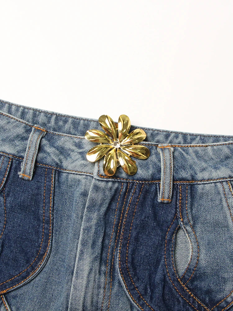 TWOTWINSTYLE Calça jeans feminina com zíper e patchwork, cintura alta, vazada, casual, perna larga, roupa feminina, nova moda