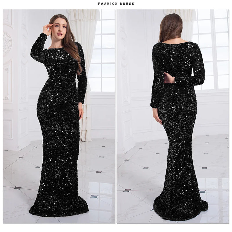 Romagic Elegant Women Modest Stretch Sequin Royal Blue Wedding Prom Gown Long Sleeves Mermaid Formal Evening Party Dress 2025