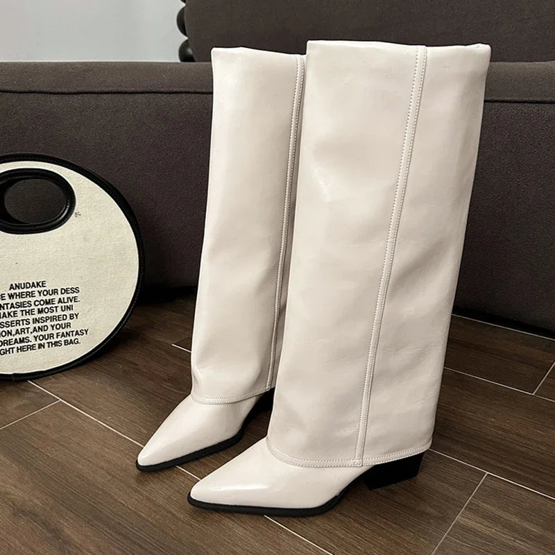 Botas de couro chunky de salto alto femininas, bico fino, estilo Chelsea, novas bombas femininas, botas gladiadoras para neve
