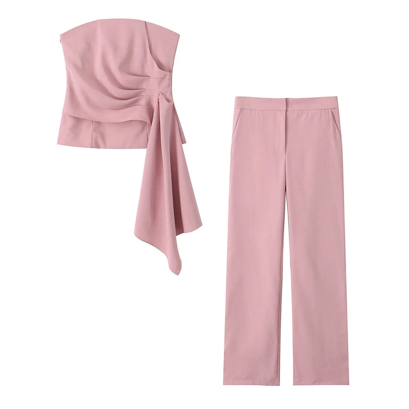 TRAFZA Women 2 Piece Set Solid Asymmetric Folds Side Zip Design Short Vest Top+Fashion Pockets High Waist Casual Wide Leg Pants