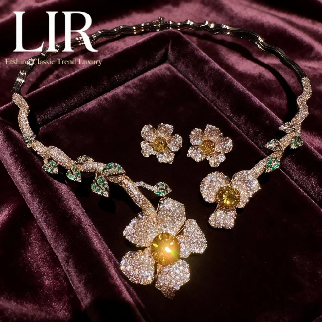 LIR Austrian Retro Jewelry Set: Floral Gem Vine Necklace, Prosperous Flower Zircon Earrings, Custom for Women