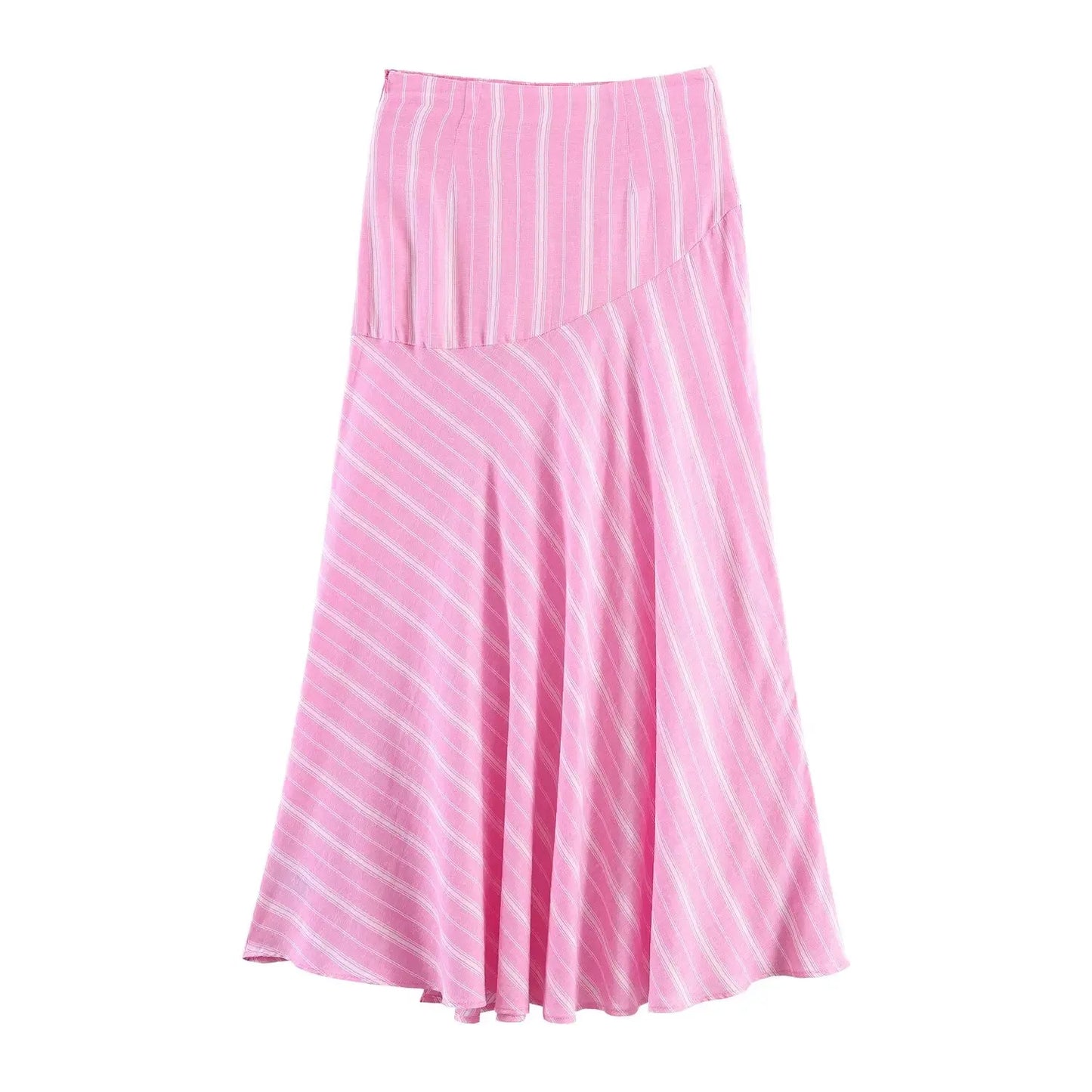 Conjunto social (2 Peças): Camisa Listrada Rosa Oversized de Manga Longa e Saia Midi Plissada com Recorte e Zíper