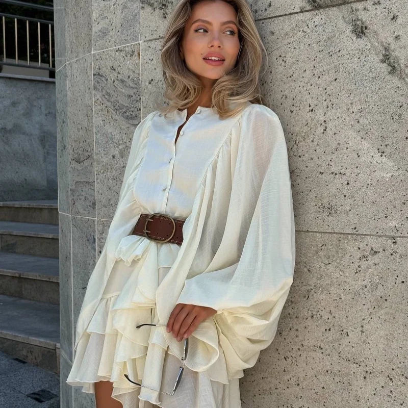 Vestido curto elegante com gola alta e borda de folha de lótus, retrô, floral, rosa, babados, manga comprida, moda urbana