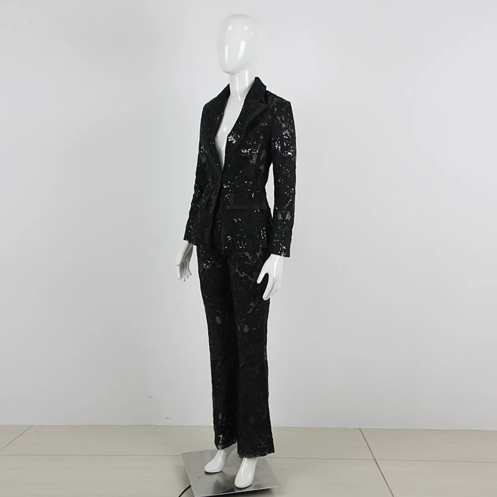 HIGH STREET Newest 2026 Designer Runway Suit Set Women's Single Button Guipure Lace Blazer  Flare Pants Set