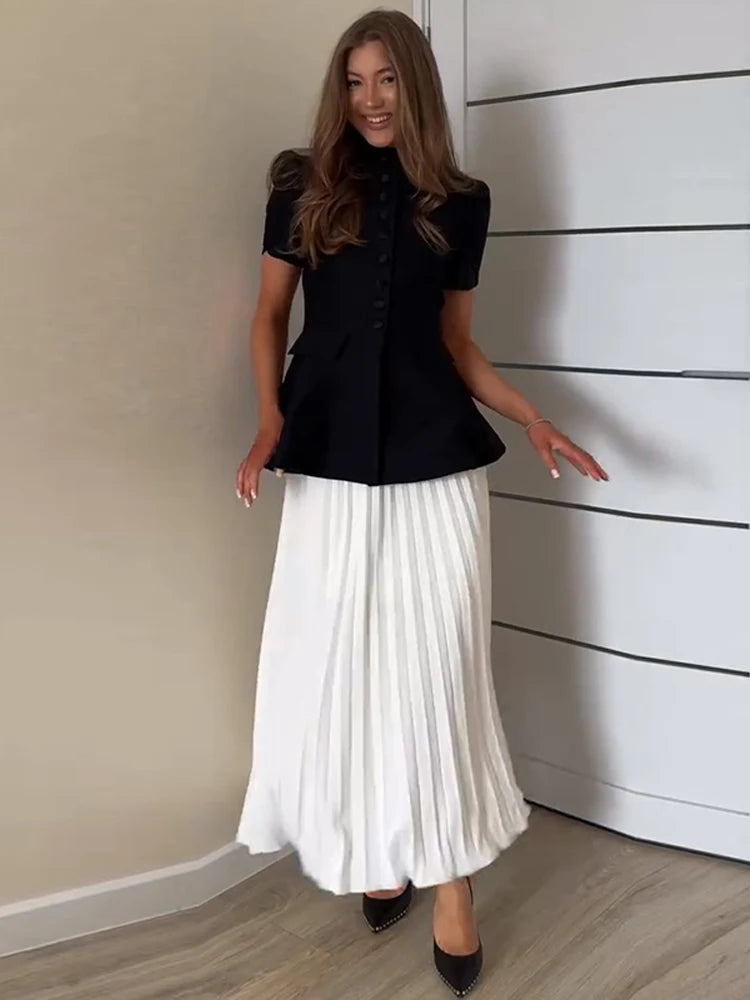 Elegant Short Sleeve Waist Single Breasted Top Pleated Midi Skirts Fashion A Line Skirt Set for Women 2026 Spring Female Outfits