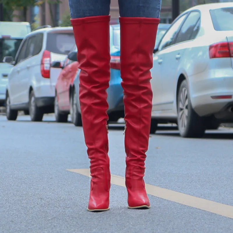 Novas botas acima do joelho femininas, salto alto fino, botas elásticas da moda feminina, tamanho grande 46 47, botas femininas