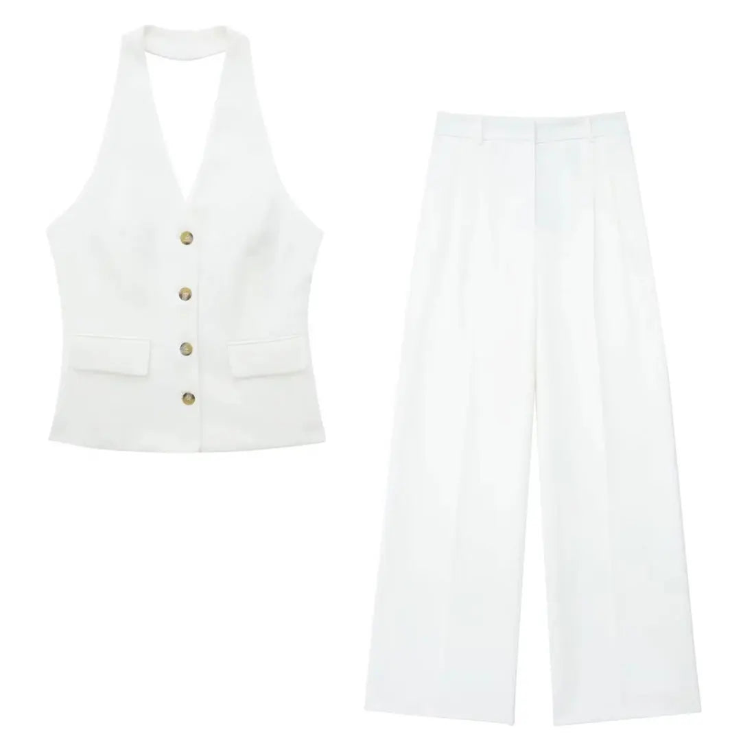 HH Pant Sets For Women Fashion Yellow Backless Button Halter Crop Vest Top Straight Trousers Elegant Office Lady Suit