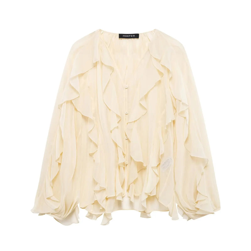Camisa feminina casual com babados, solta, com cadarço, decote em V, blusas femininas para primavera de 2025