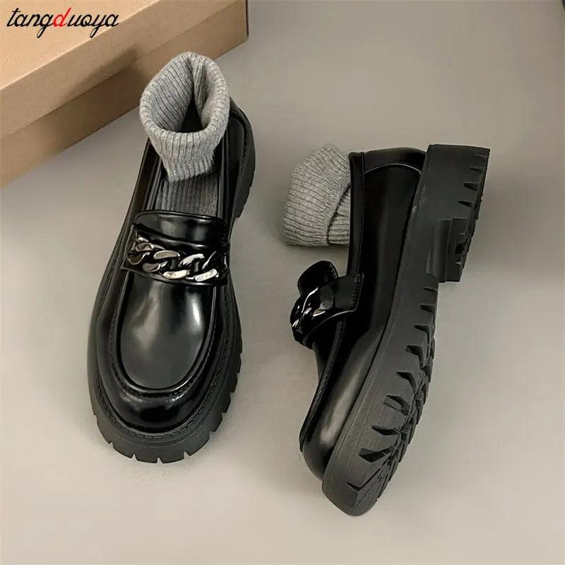 Chunky Heel Platform Metal Chain loafers Women Pumps Black round toe small leather shoes Female Casual Retro JK Uniform shoes - CRAVO ROSE