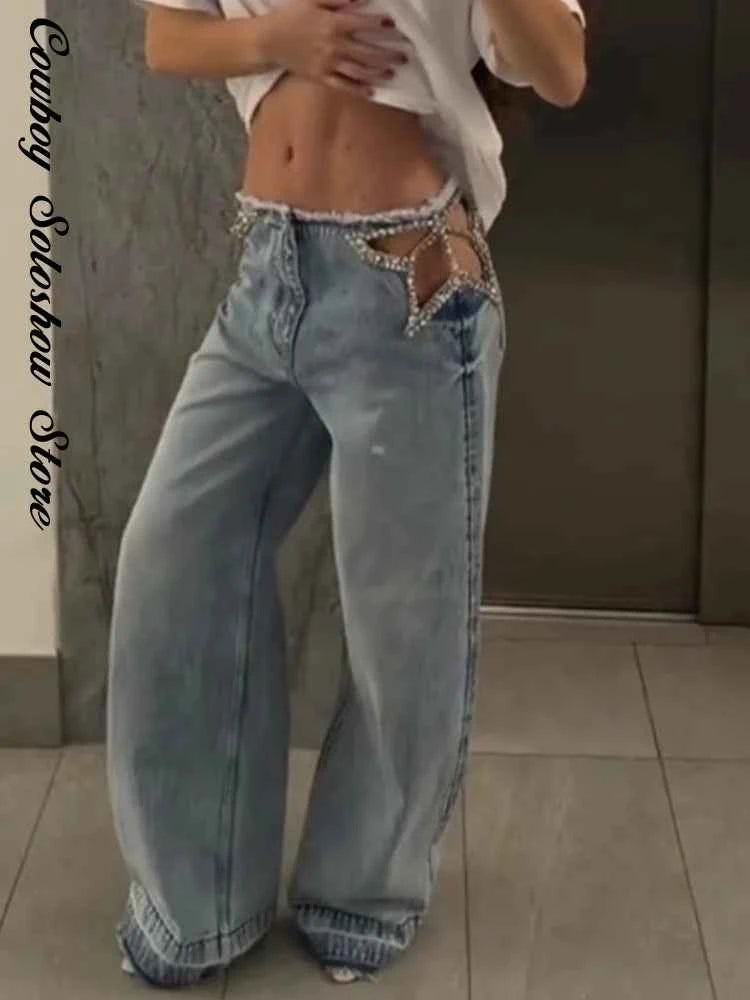 Y2k Hot Fix Rhinestone Cutout Women's Jeans Summer Street Low-rise Wide Leg Loose Denim Pants Lady New Fashion Party Trousers