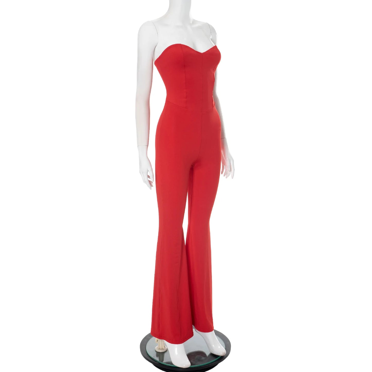 2025 Summer Women's Solid Color Back Strap Strapless Strapless Open Shoulder Tight Micro Flared Pants Jumpsuit