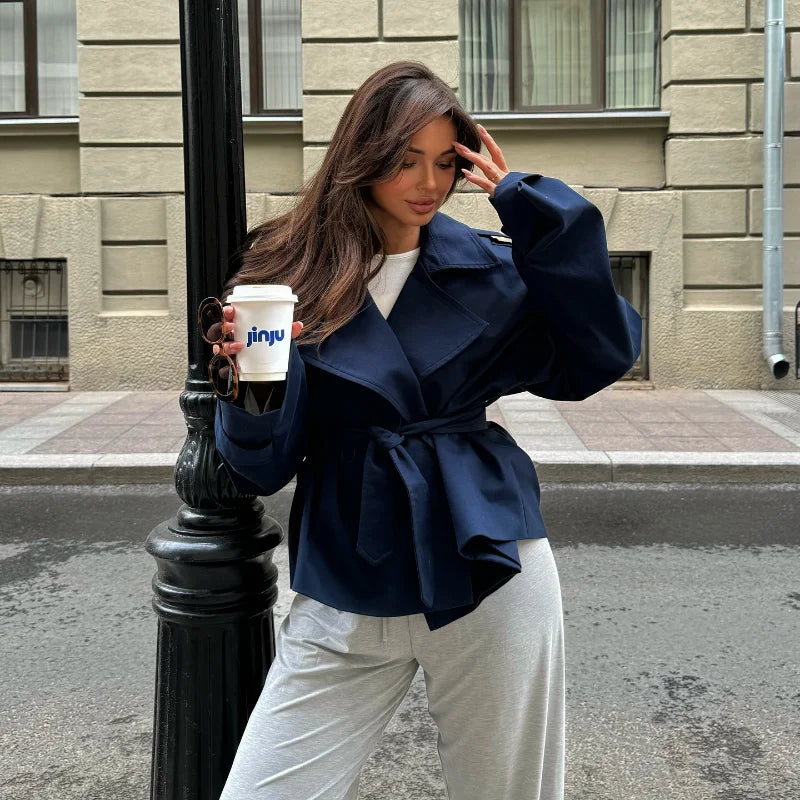 Women Lapel V-neck Belt Trench Coat Fashion Lace Up Full Sleeve Button Short Thin Windbreak 2025 New Lady Daily Street Outerwear