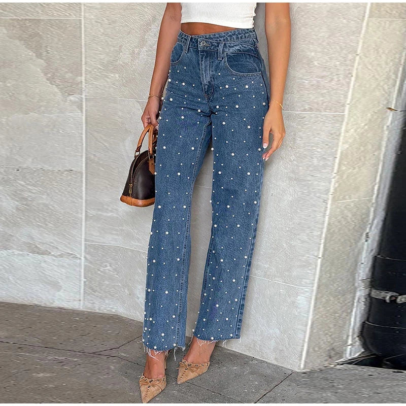Calça jeans feminina moderna de cintura alta com perna reta e design chique de contas cravejadas, calça feminina casual e moderna de rua