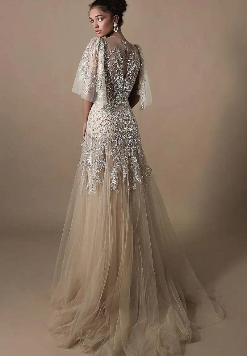 Elegant Evening Dresses Mermaid O-Neck Appliques Sequined Half Sleeve Prom Gown Party Dress Vestido De Noite Custom Made