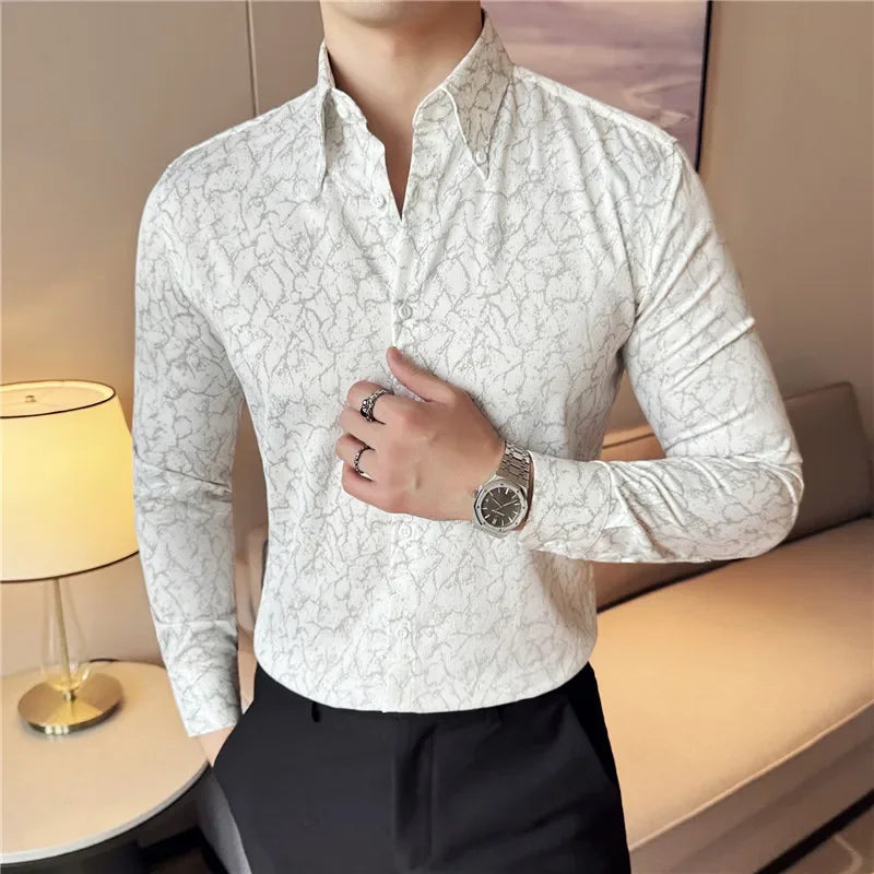 Camisas jacquard vintage de luxo, manga comprida de alta qualidade, slim fit, smoking casual, camisas sociais para casamento, tamanho 4XL-M