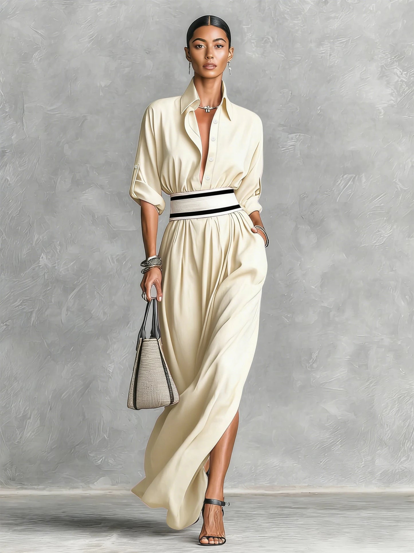Women's Shirt Maxi Dress with Wide Striped Belt | Roll-Up Sleeve High Slit Elegant Casual Formal Outfit