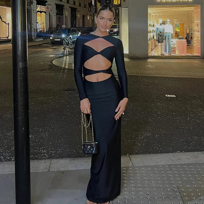 DGLUKE Sexy Cut Out Long Dresses For Women O-Neck Long Sleeve Bodycon Maxi Dress Elegant Going Out Party Dress Black