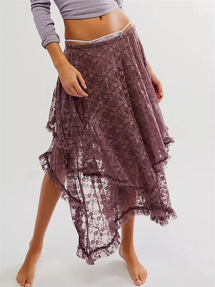 Saias longas femininas de renda, casuais, bainha irregular, camadas, babados, cintura elástica,urbana