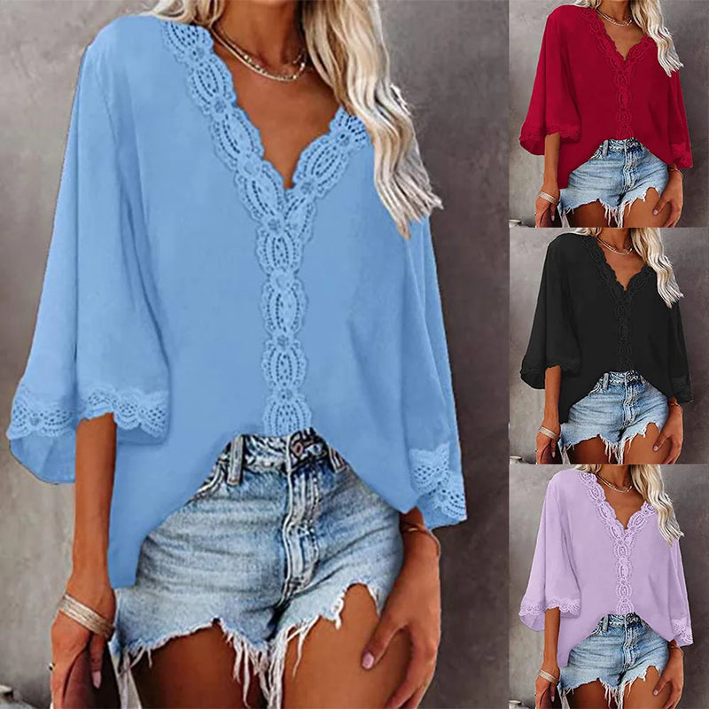 Blusa feminina de chiffon com costura de renda, decote em V, manga flare, blusa solta de verão, moda simples