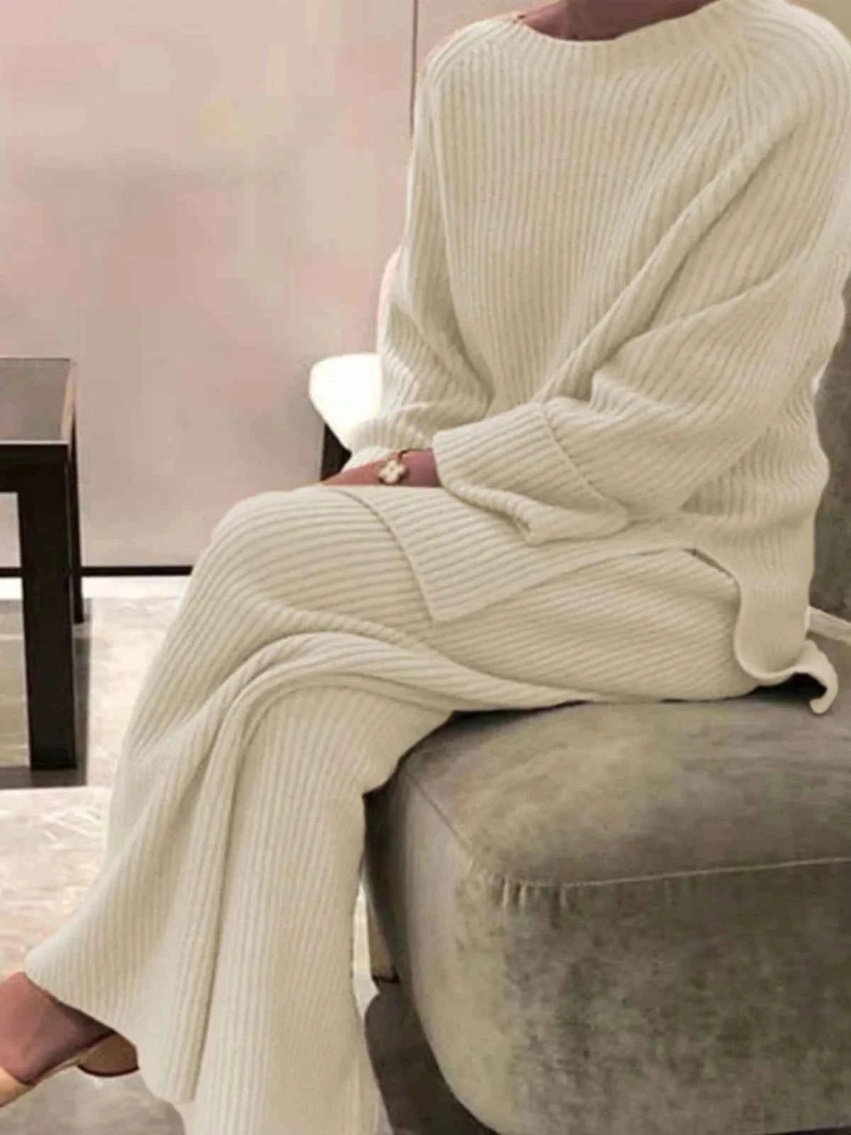 Casual Women's Knitted Sweater Two-Piece Set Cross-Border Fashion Spring Long Sleeve Pants Long Pants Suitable for 18-25 Year...