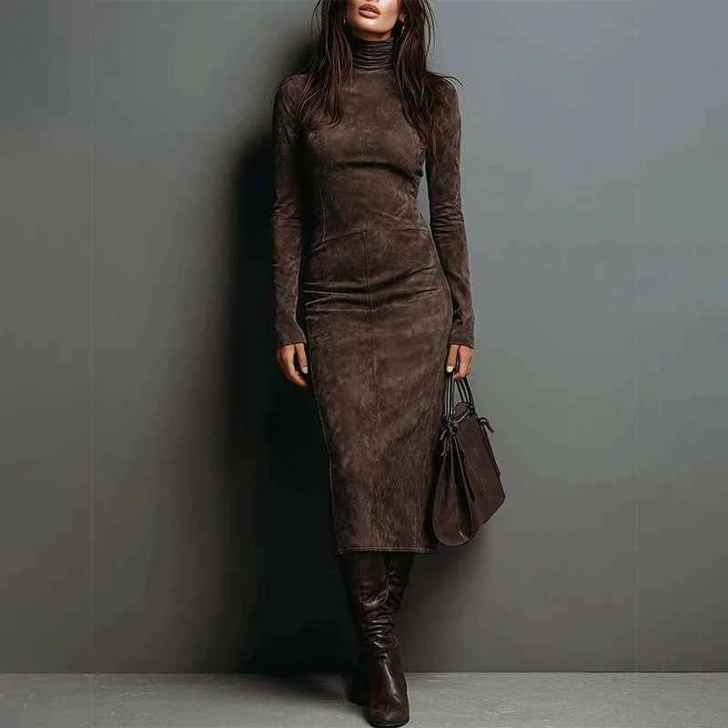 European American Women's Suede Turtleneck Long Sleeve Midi Dress Elegant Bodycon Dress for Autumn/Winter Fashion Party Clubwear