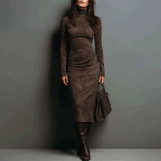 European American Women's Suede Turtleneck Long Sleeve Midi Dress Elegant Bodycon Dress for Autumn/Winter Fashion Party Clubwear
