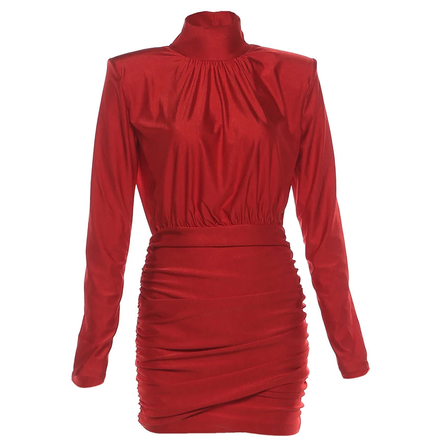 Weird Puss Elegant Shoulder Padded Dress Women Turtleneck Ruched Sexy Classic Office Commute Simple Peach Hip Slim Mini Bodycon