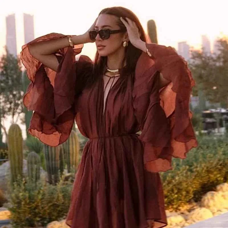 HXAO Woman 2025 Dress Ruffle Long Sleeve Mini Dress Summer Tie Fairy Short Dresses For Women Pleated Elegant Party Dresses 088