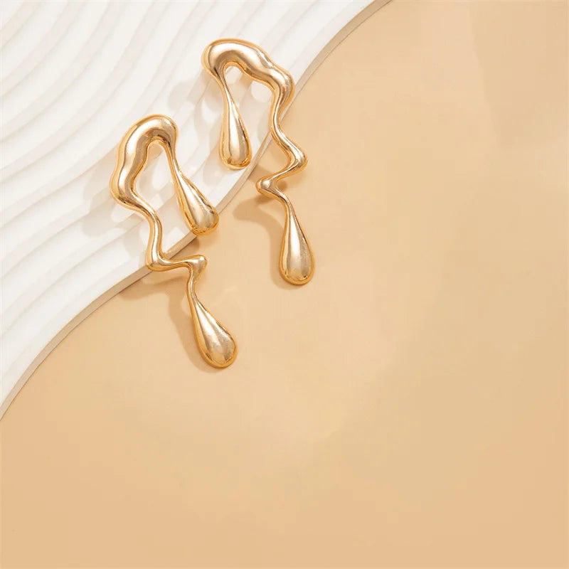 Creative Metal Irregular Water Drops Stud Earrings for Women Vintage Gold Color Geometric Long Earrings Jewelry Gifts