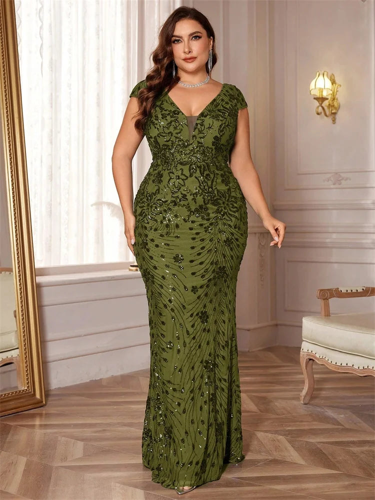 Lucyinlove Plus Size Elegant V-neck Sequins Floor Length Evening Dresses Cap sleeve Bridesmaid Party Cocktail Gowns