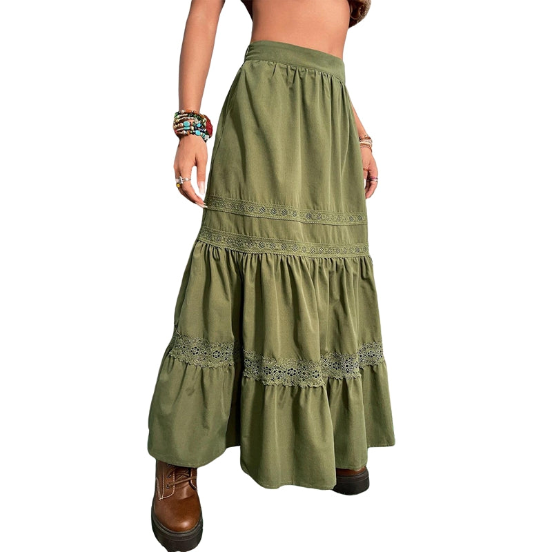 Saias plissadas vintage verdes dos anos 90, boho, férias, cintura alta, saias longas, retrô, Y2K, Fairycore, roupas fofas com acabamento em renda