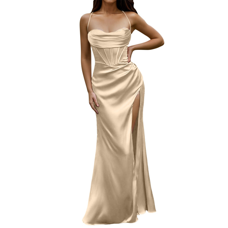 Women Sexy Satin Corset Maxi Dress Silky Strap Push Up Fishbone Ruched Evening Party Long Dresses Chic Elegant A-Line Dress