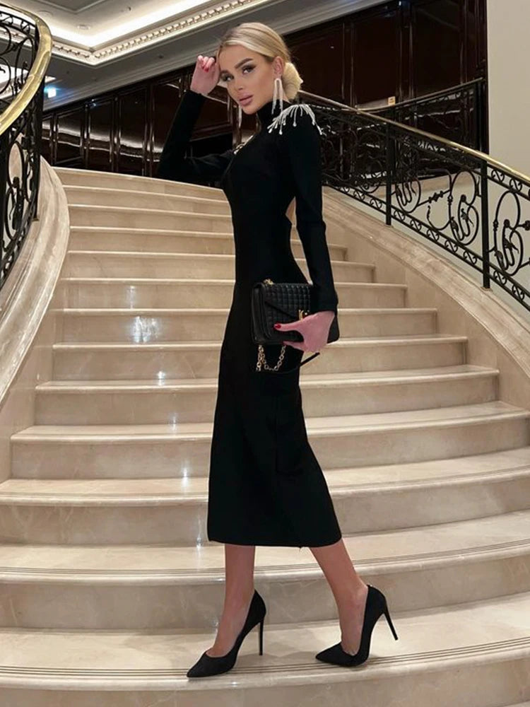 Vestidos Sexy Sólido Sem Costas Casual Gola Alta Slim Elegante Bodycon Vestidos Robes Divididos