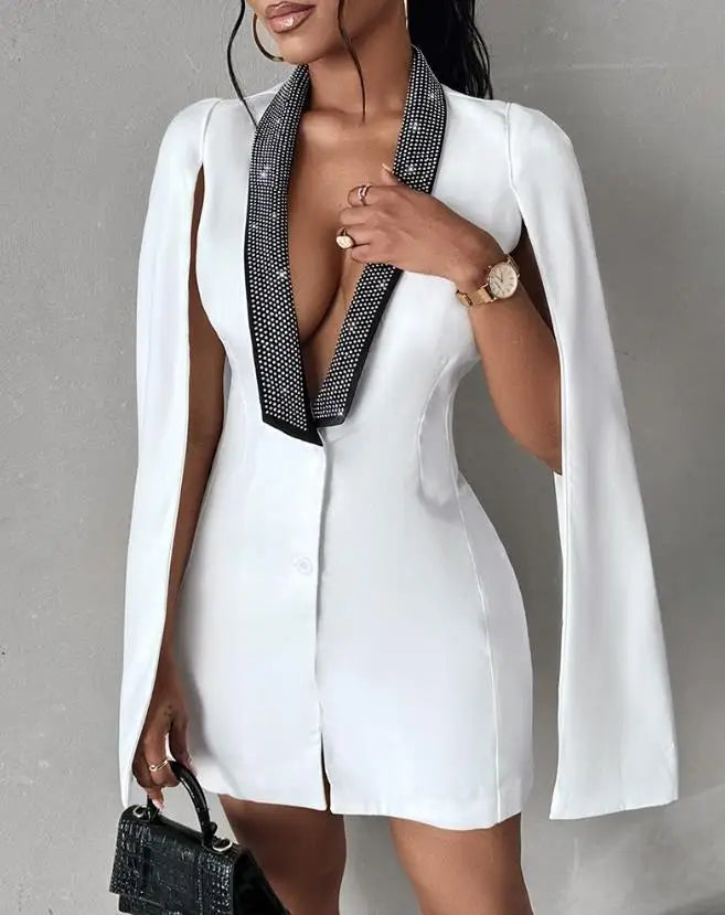 Blazers para casacos de manga comprida com decote em V, capa com blocos de cores e strass, elegante, casaco de trabalho
