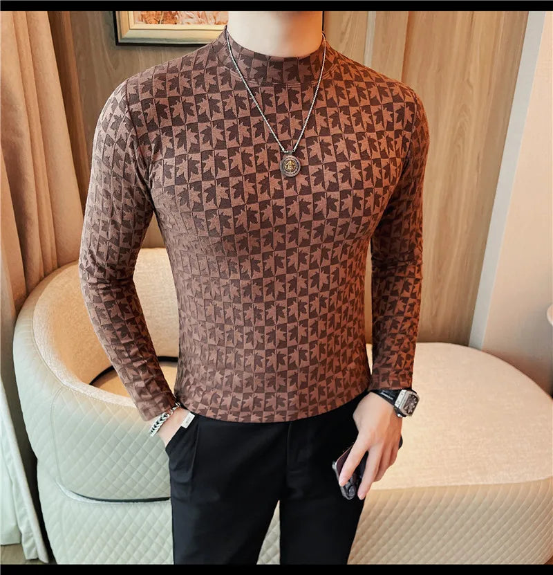 Camiseta elástica estampada de gola alta semi alta para homens, roupas de outono, nova, mangas compridas, jacquard, justa, cor sólida, camiseta slim fit