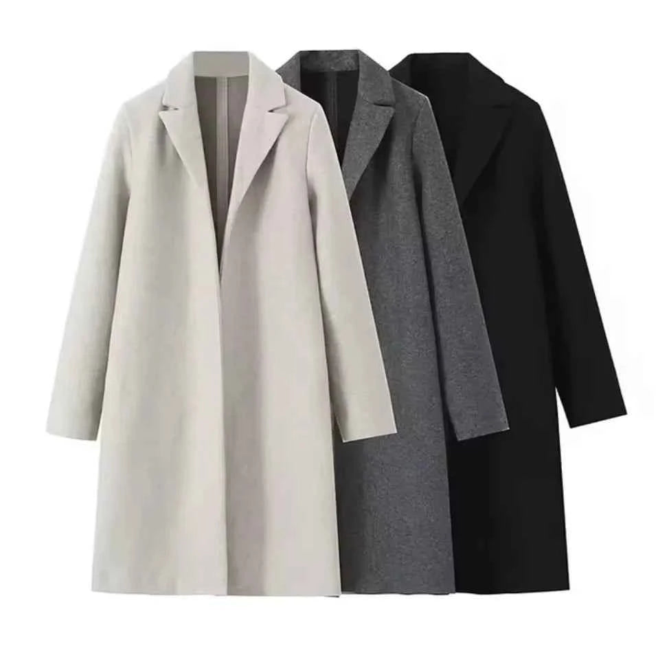 2025 Women Woolen coat Fashion Solid Open Stitch Long Trench Coats Vintage V-Neck Full Sleeves Female Chic Lady Outfits