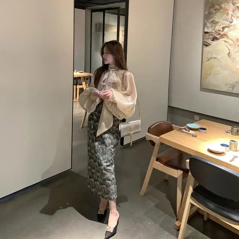 Camisas Manga Lanterna Gola Alta Sólida Casual Vintage Elegante Temperamento Manga Comprida
