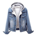 Jaqueta jeans feminina de pelúcia quente para outono e inverno, casaco de algodão curto azul jeans, casaco feminino com capuz, agasalho