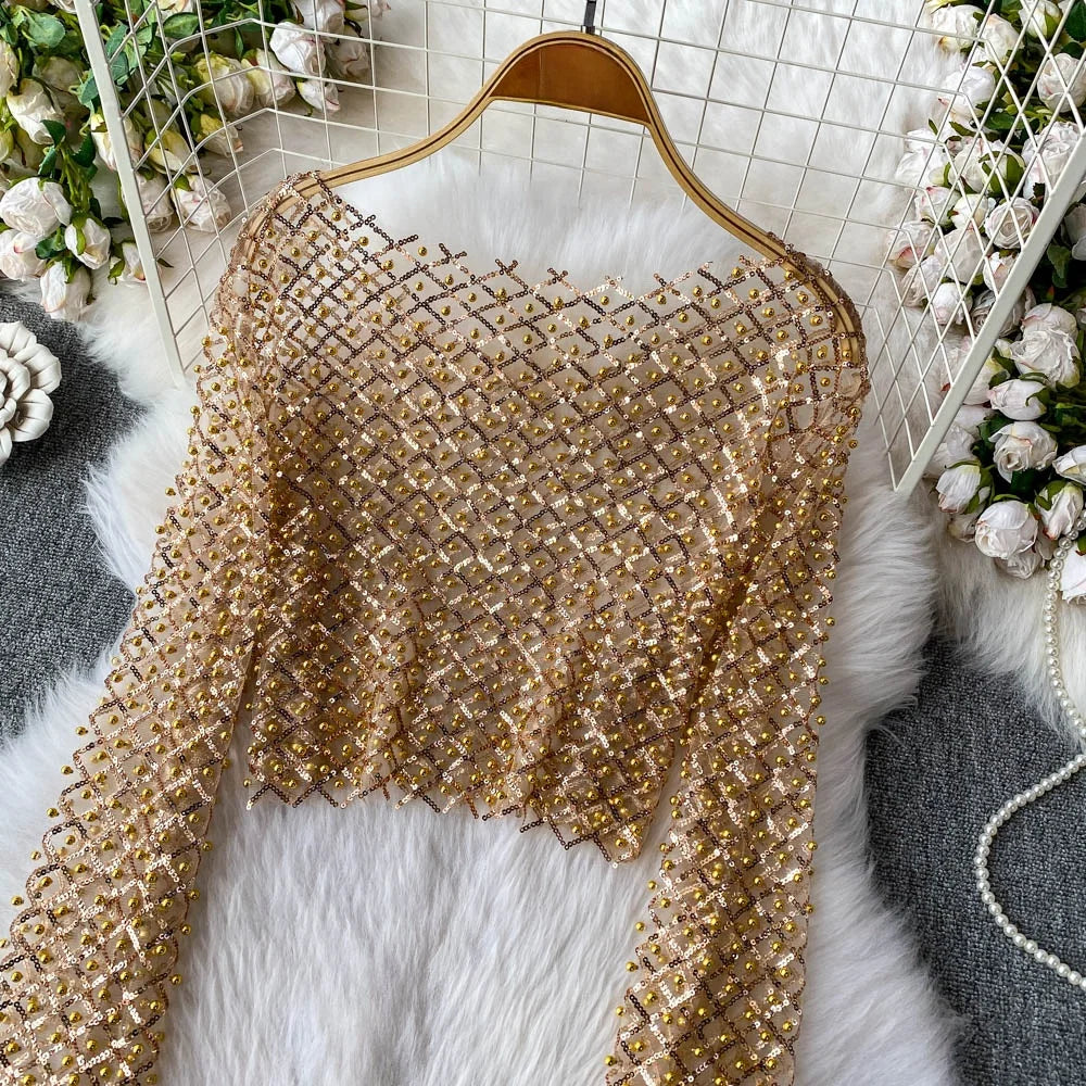 Slim Fit Short Sleeveless T-Shirt Women's New Style round Neck Long Sleeve Shiny Sequin Heavy Duty Bead Commute Style Korean ...