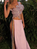Weird Puss Sequin Flowers 2Piece Set Women Sexy Beach Vacation y2k Chic Skew Collar Tank Tops+Bandage Maxi Split Skirts Clubwear
