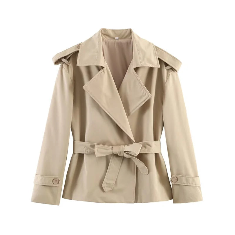 Women's Coat 2026 Spring New Style Solid Color Long Sleeve Belted Short Trench Coat European and American Personalized Fashion