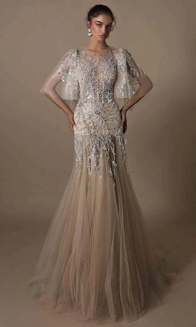 Elegant Evening Dresses Mermaid O-Neck Appliques Sequined Half Sleeve Prom Gown Party Dress Vestido De Noite Custom Made