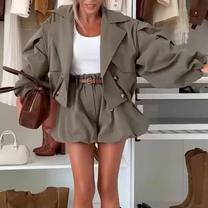 Vintage High Street Loose Women's Two Piece Casual Autumn Long Sleeved Jacket and Shorts Suit Fashion Outdoor Cargo Solid Outfit