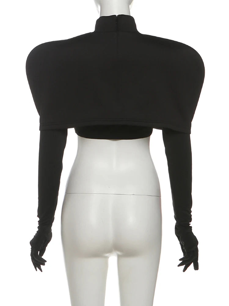 Nibber Simple Two Pieces Crop Tops Women Turtleneck Zipper Shoulder Pads Tops+o-Neck Long-Sleeve Glove t-Shirts Sexy Streetwear