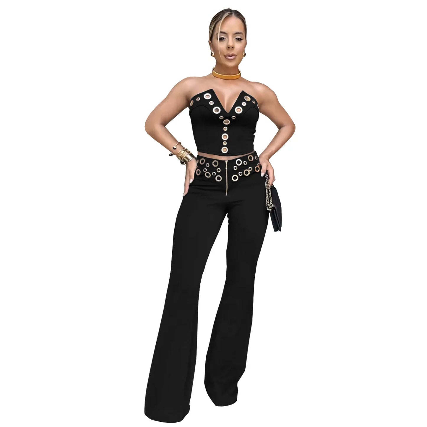 FLARORA Fashion Metal Ring Holes 2 Pcs Sets Woman Sleeveless Hollow Out Crop Tops And High Waist Flare Pants Elegant Streetwear