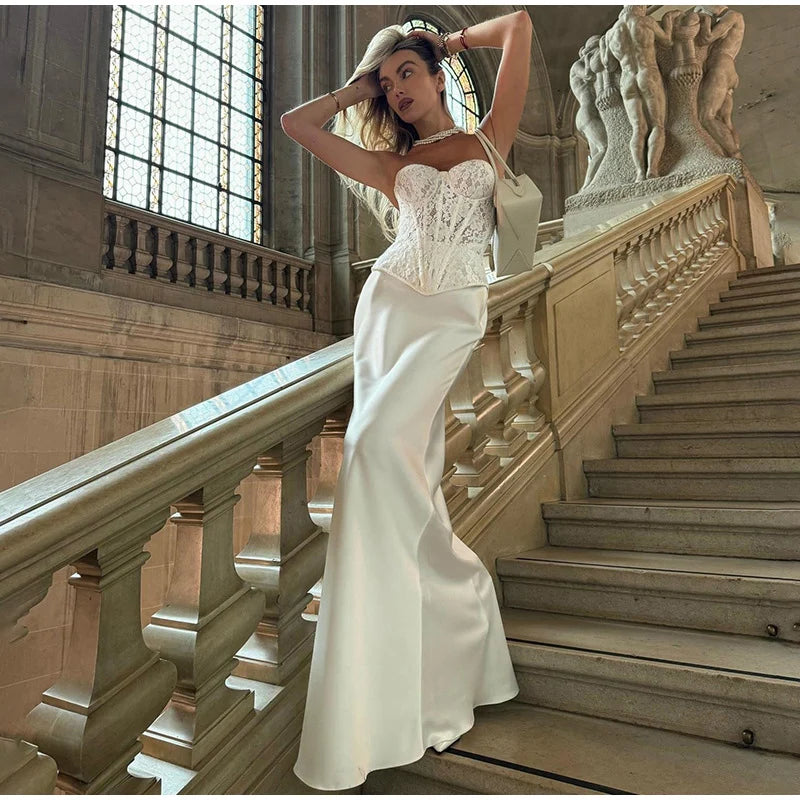 Conjuntos elegantes de renda e cetim com top e saia longa femininos, blusa justa e ombro de fora, robes femininos para festa de verão e noite