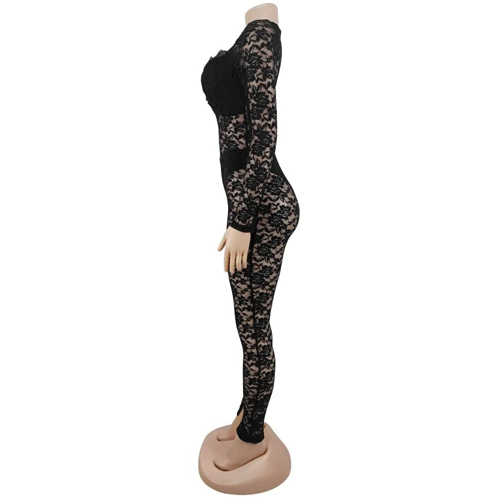 FLARORA Sexy Lace Hollow See Through Jumpsuits Woman O Neck Full Sleeve Peach Hip Slim Jumpsuit Midnight Party Clubwear Overalls