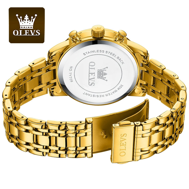 OLEVS Men's Watches Luxury Gold Fashion Wristwatch for Man Stainless Steel Waterproof Luminous Chronograph Date 24 Hour Display