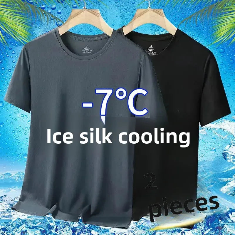Camiseta masculina de manga curta, de seda gelada e secagem rápida, nova malha respirável, ajuste solto, gola redonda, camisa esportiva casual para o verão